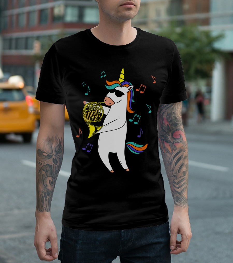 Funny Unicorn Wearing Sunglasses Playing French Horn with Colorful Music Notes T-Shirt