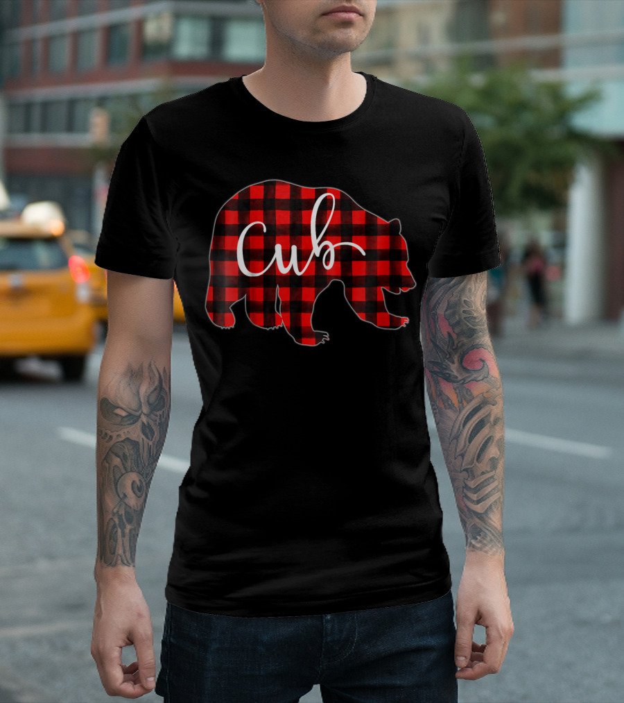Kids Red Plaid Cub Bear Buffalo Check T-Shirt