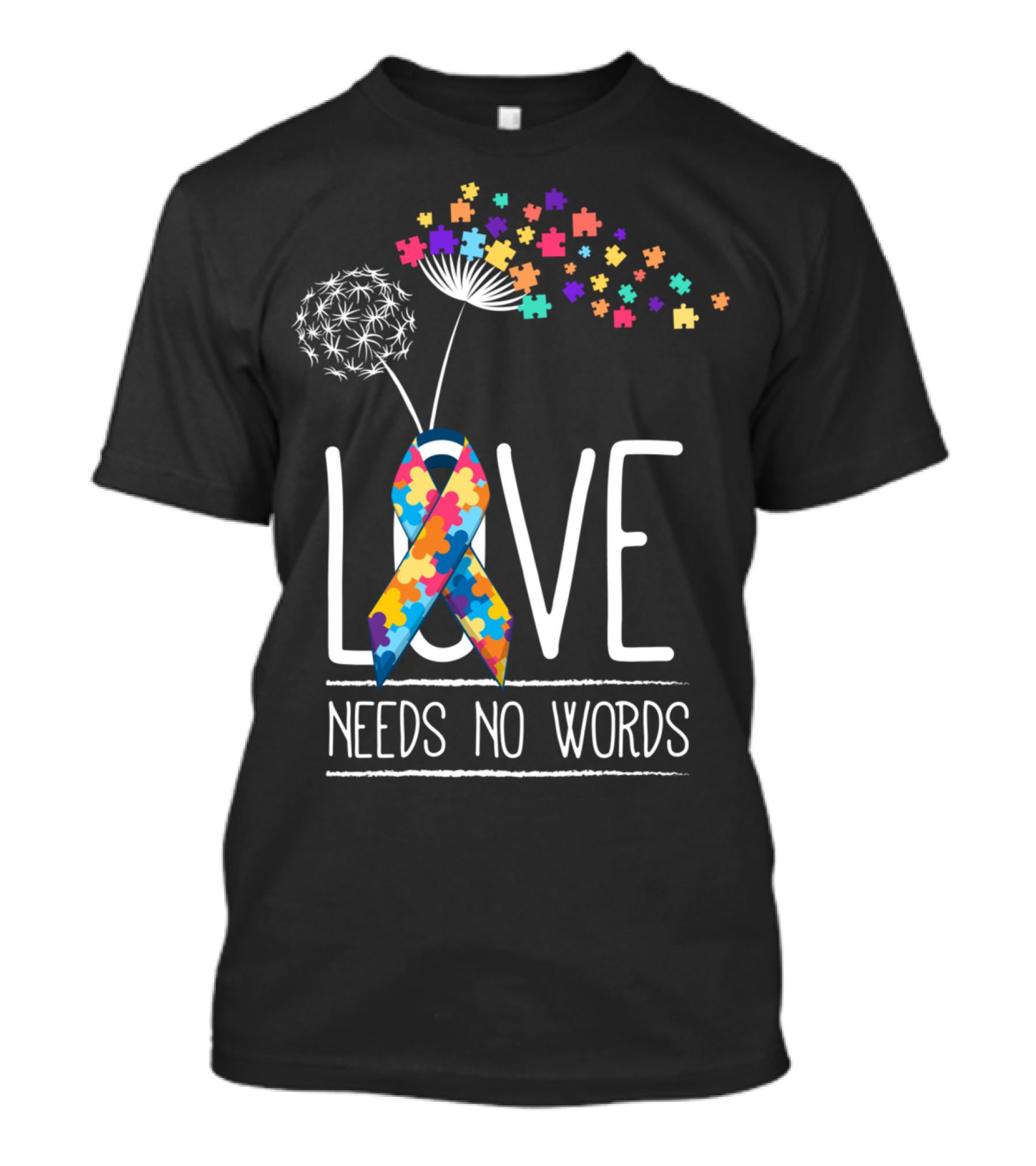 Love Needs No Words Colorful Puzzle Ribbon Flower Autism Awareness T-Shirt