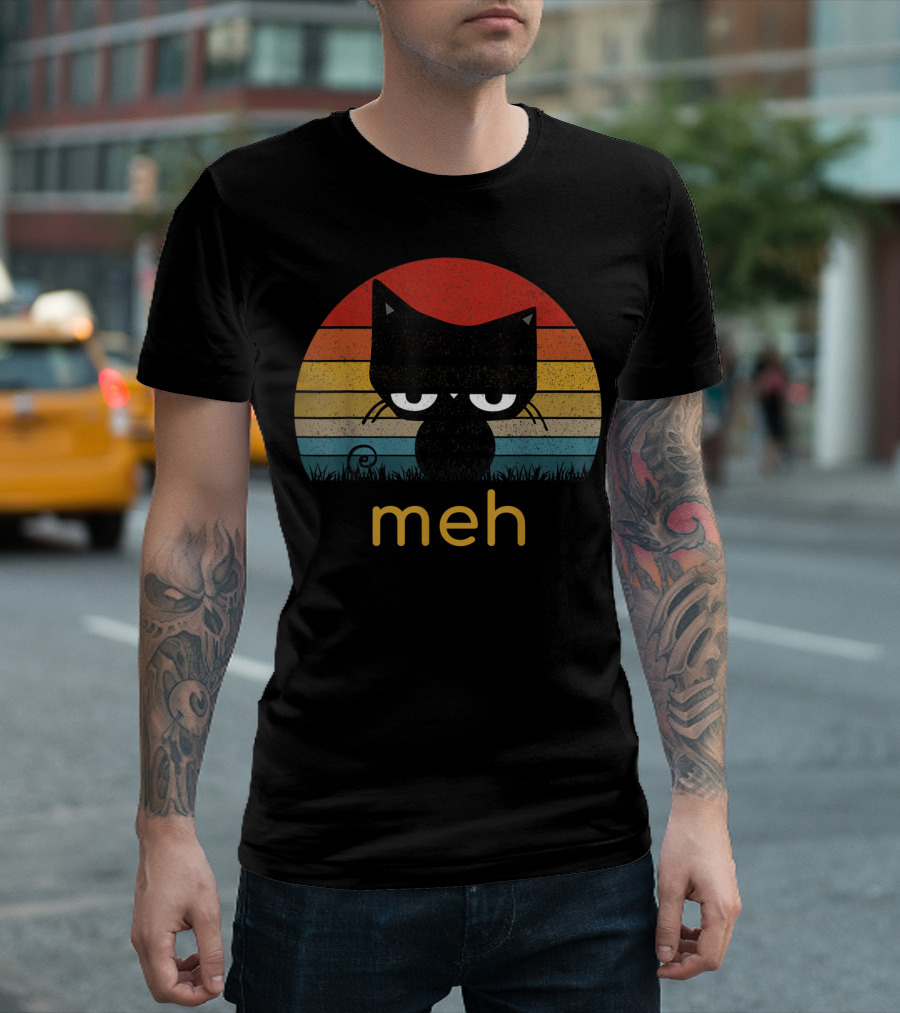 Meh Black Cat Funny for Cat Lovers Retro T-Shirt