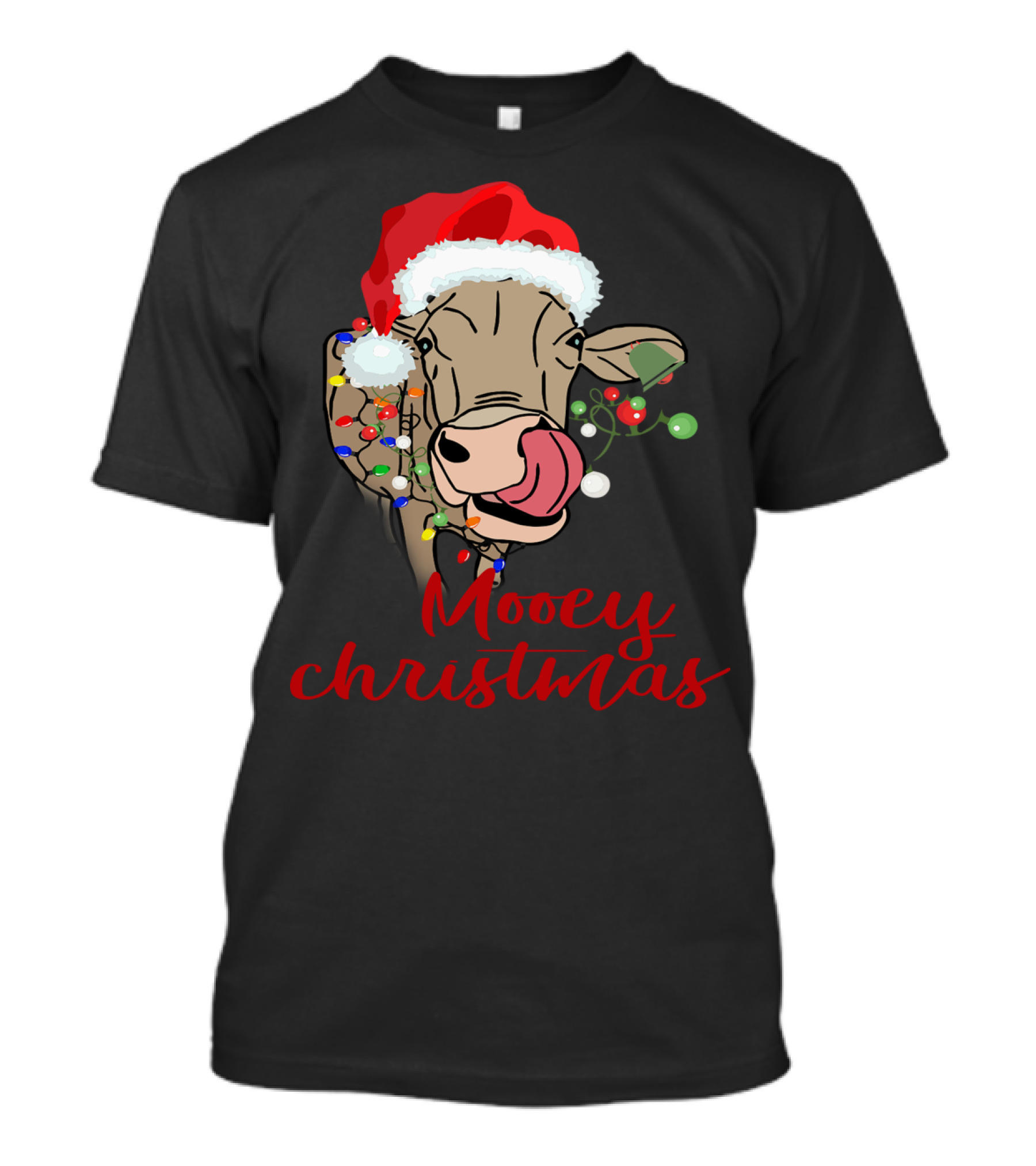 Mooey Christmas Cow Santa Hat Lights T-Shirt