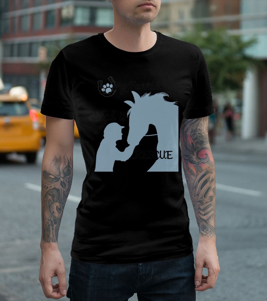 My Favorite Breed is Rescue Silhouette of Human and Horse with Paw Print Horseshoe T-Shirt