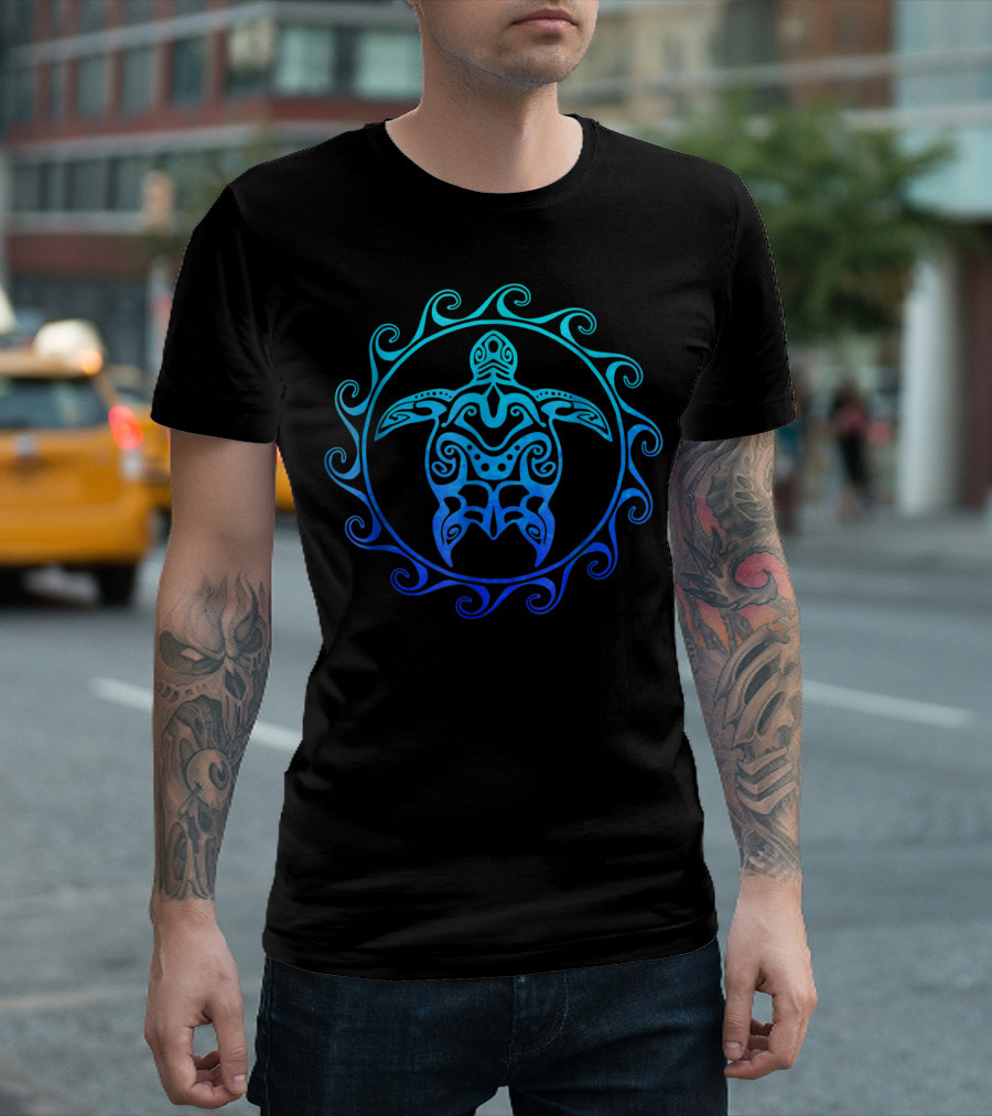 Tribal Hawaiian Sea Turtle Ocean Blue Waves T-Shirt