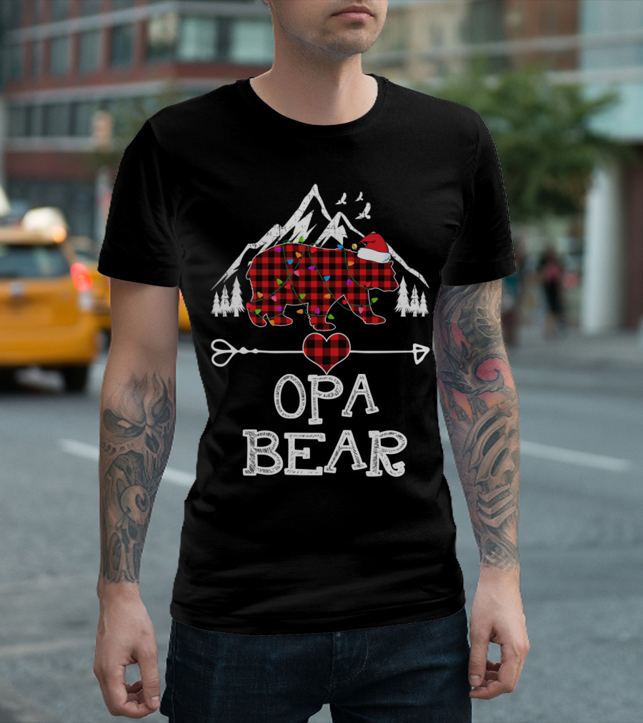 Opa Bear Christmas Red Plaid Buffalo Santa Hat Lights Mountain Time T-Shirt