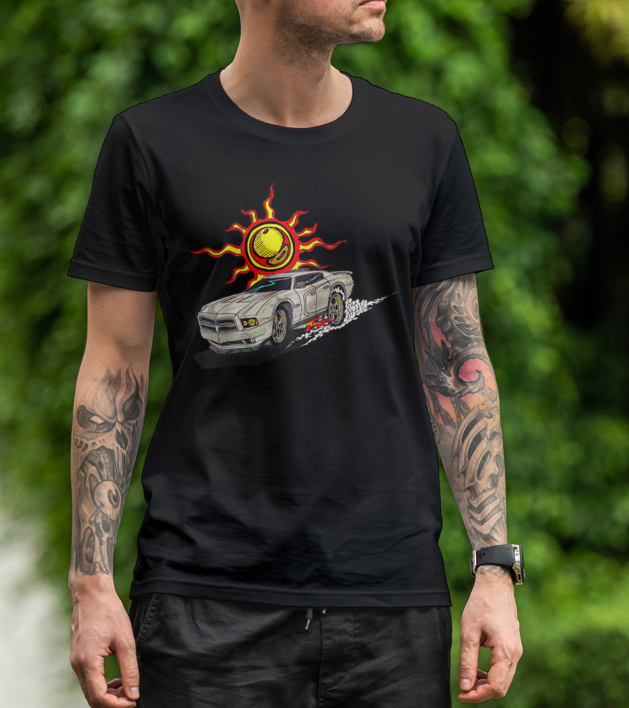 David's Dodge Charger Racing Under Fiery Sunburst T-Shirt