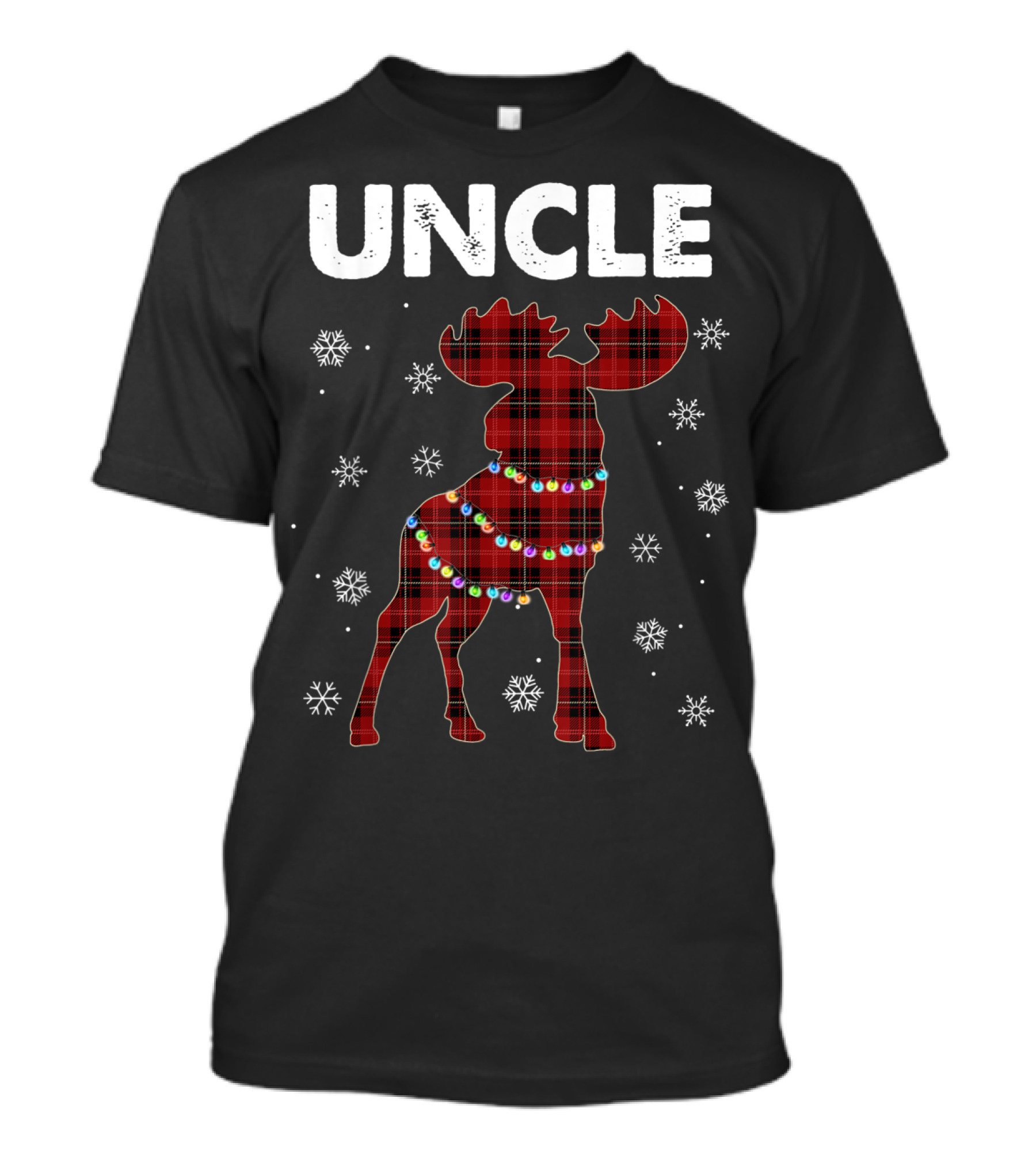 UNCLE Red Plaid Moose With Snowflakes And Christmas Lights T-Shirt