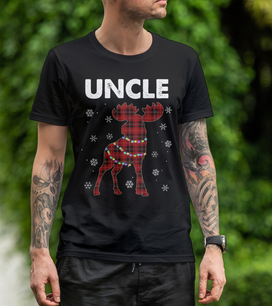 UNCLE Red Plaid Moose With Snowflakes And Christmas Lights T-Shirt
