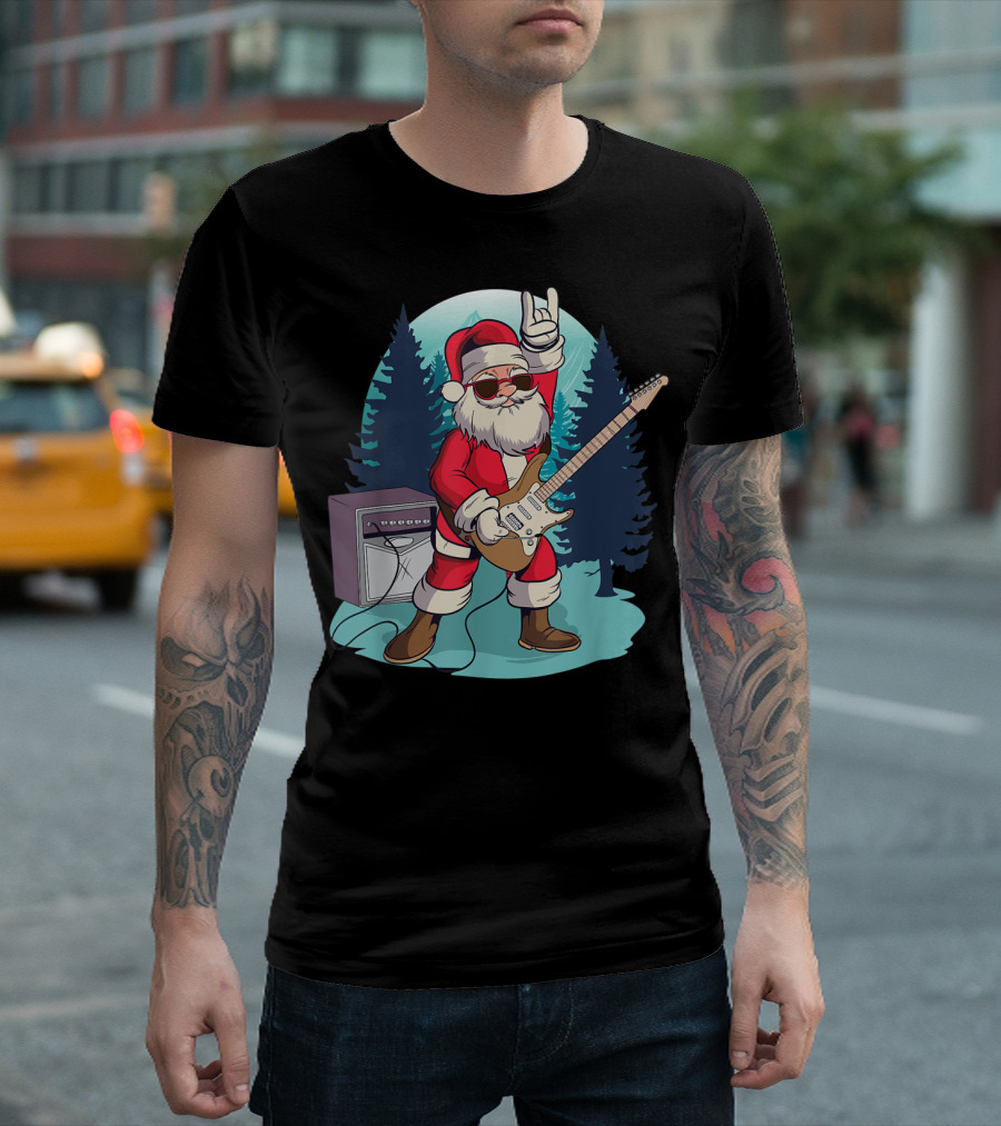 Santa Claus Guitar Rocking Funny Christmas Music Scene T-Shirt