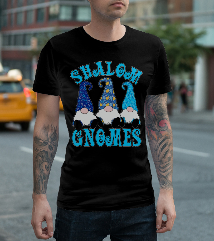 Shalom Gnomes Hanukkah Elves Stars and Menorahs T-Shirt
