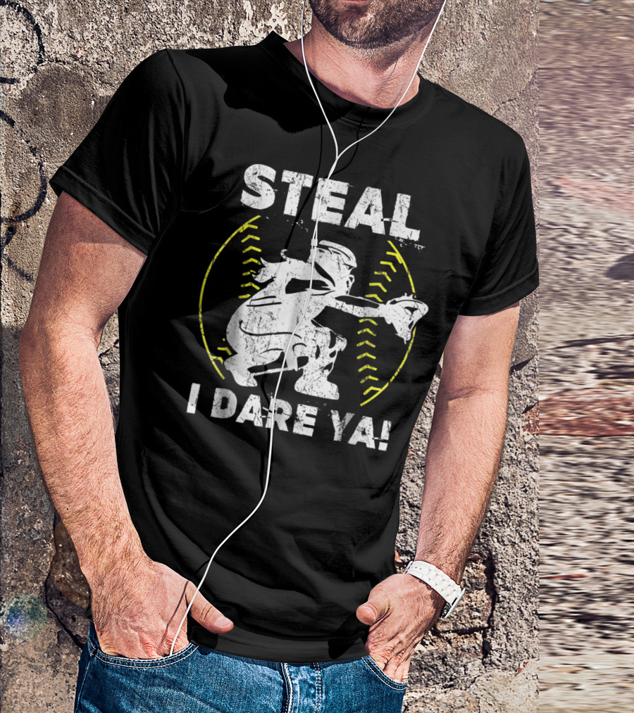 Steal I Dare Ya Softball Catcher Silhouette With Ball Stitch T-Shirt