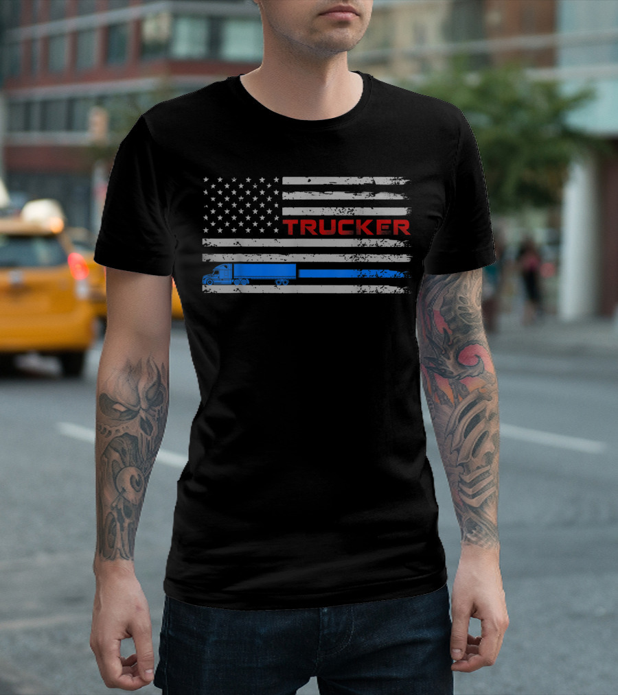 American Flag Trucker Blue Semi Truck T-Shirt