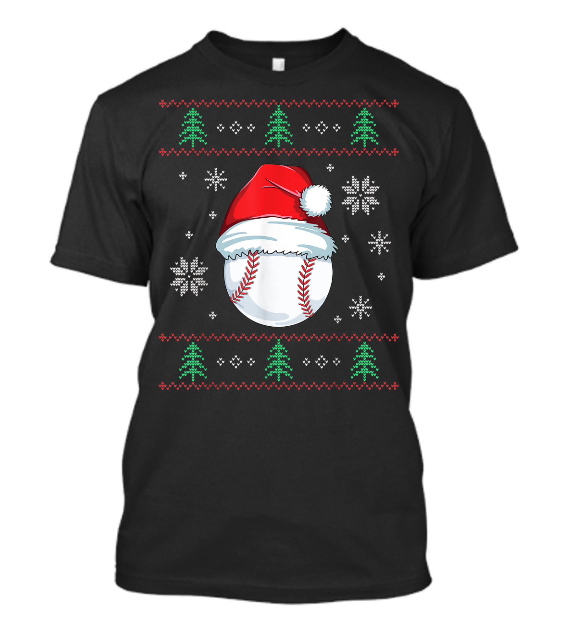Ugly Christmas Baseball Ball With Santa Hat And Festive Holiday Trees And Snowflakes T-Shirt