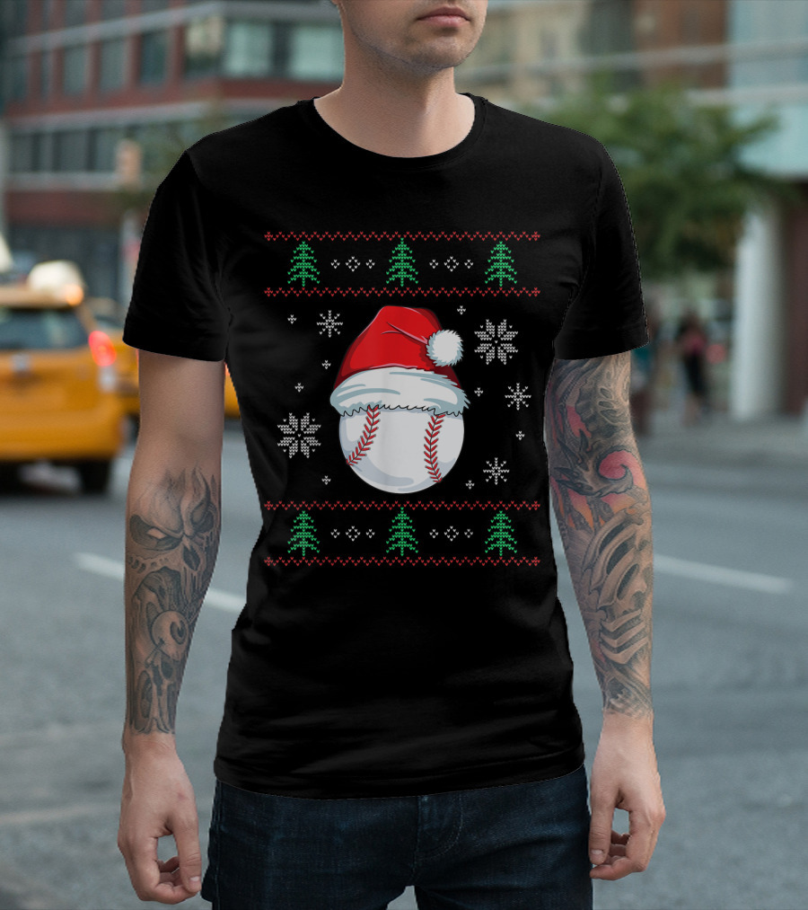 Ugly Christmas Baseball Ball With Santa Hat And Festive Holiday Trees And Snowflakes T-Shirt