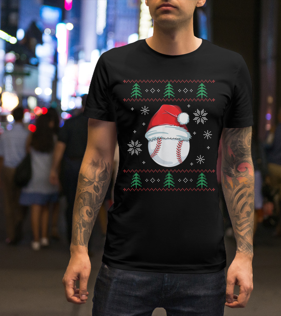 Ugly Christmas Baseball Ball With Santa Hat And Festive Holiday Trees And Snowflakes T-Shirt