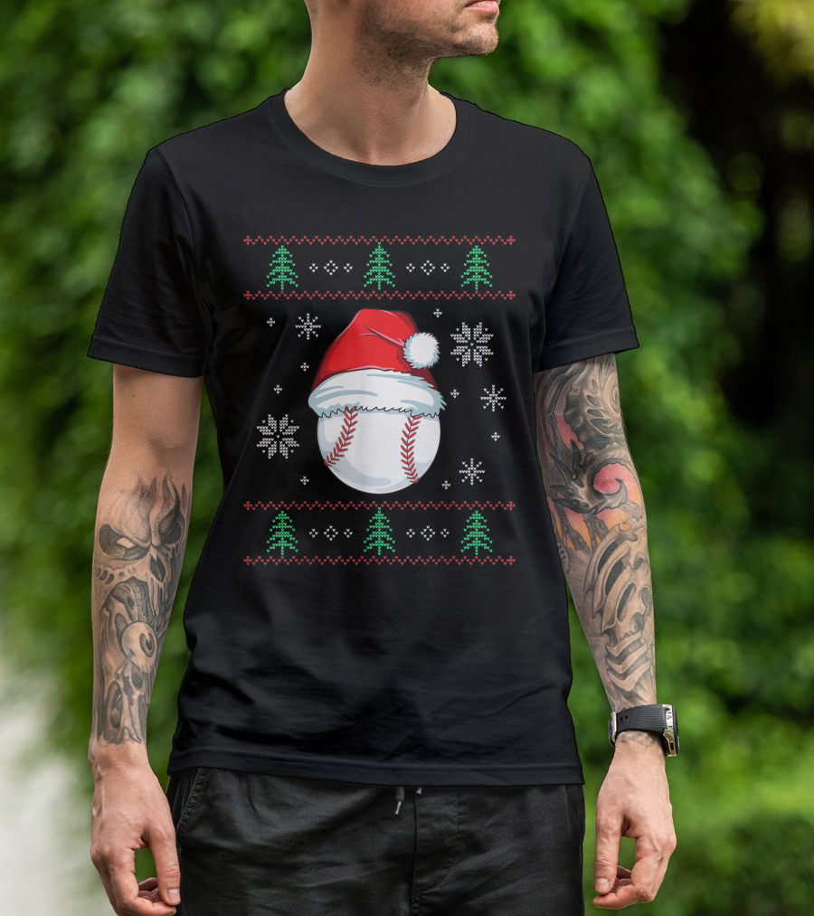 Ugly Christmas Baseball Ball With Santa Hat And Festive Holiday Trees And Snowflakes T-Shirt