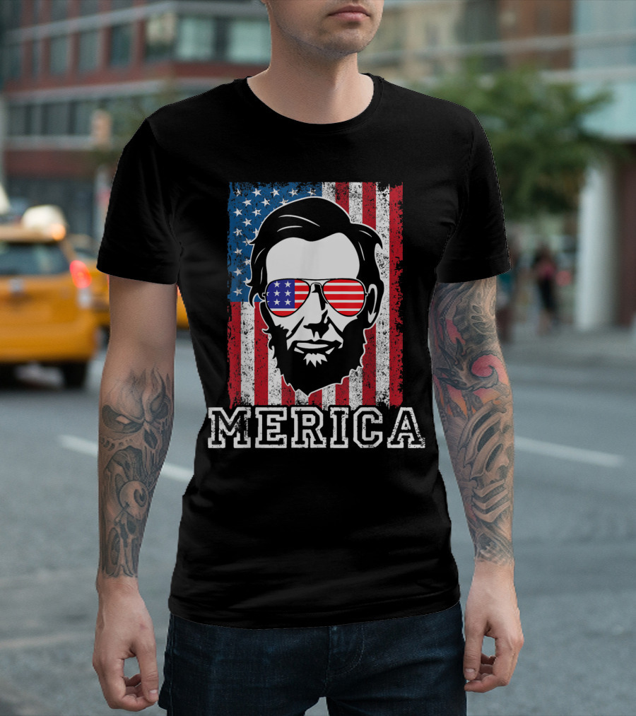 4Th Of July Merica Abraham Lincoln USA American Flag Sunglasses T-Shirt