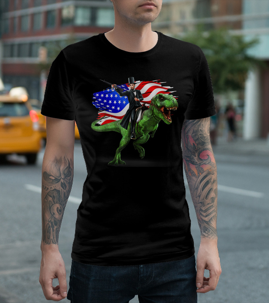 Abe Lincoln Riding Dinosaur with American Flag Funny 4th of July USA T-Shirt