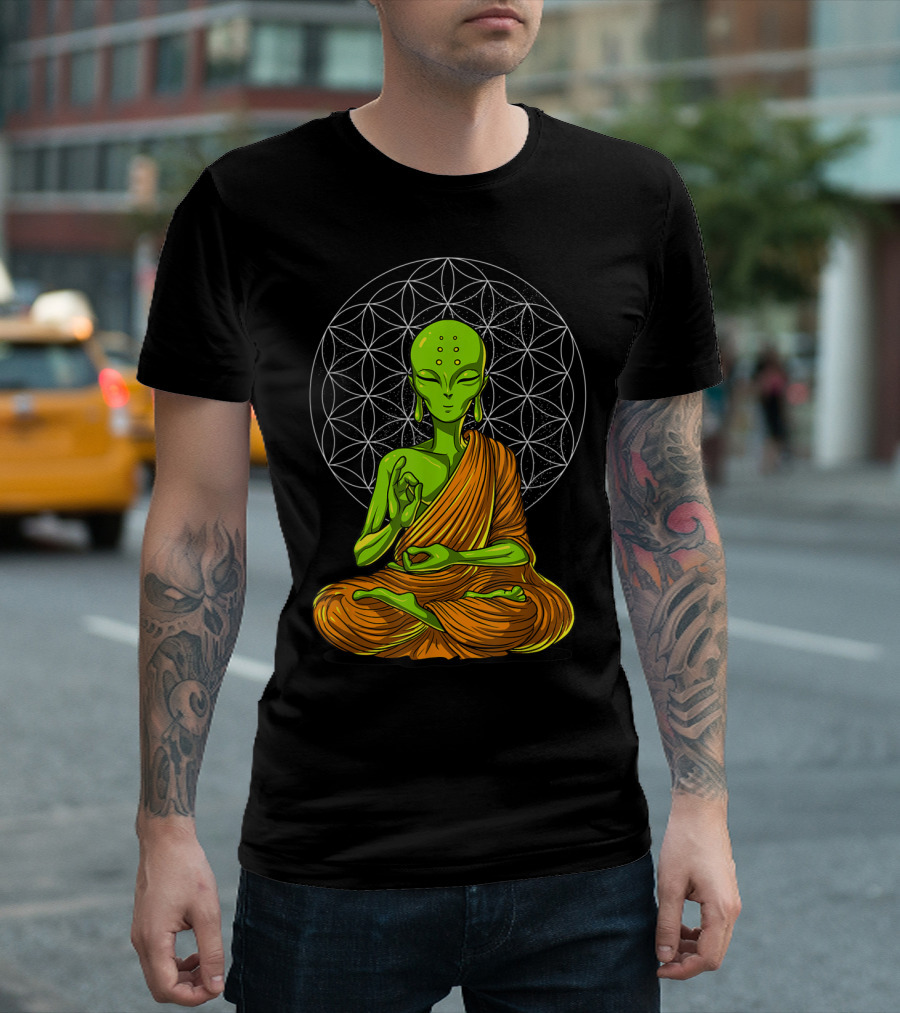Alien Meditation Zen Namaste Buddha with Mandala Background T-Shirt