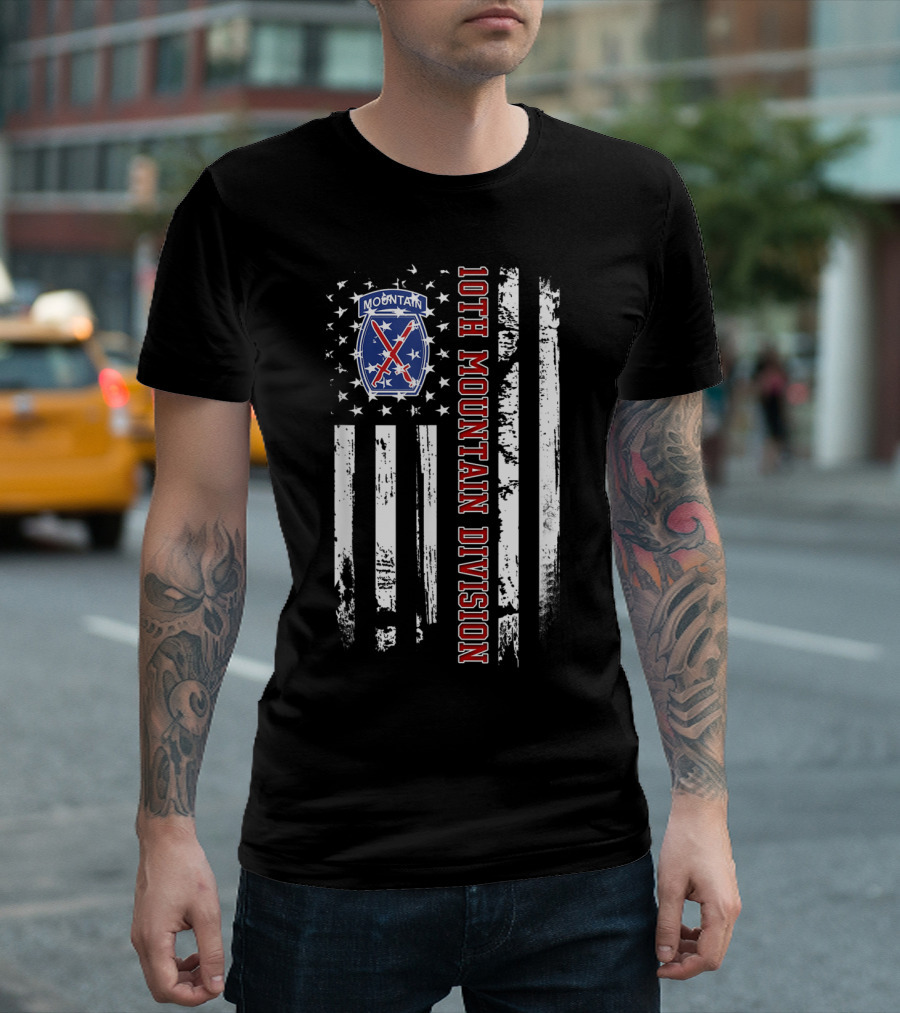 10th Mountain Division American Flag Distressed Stars and Stripes Badge T-Shirt