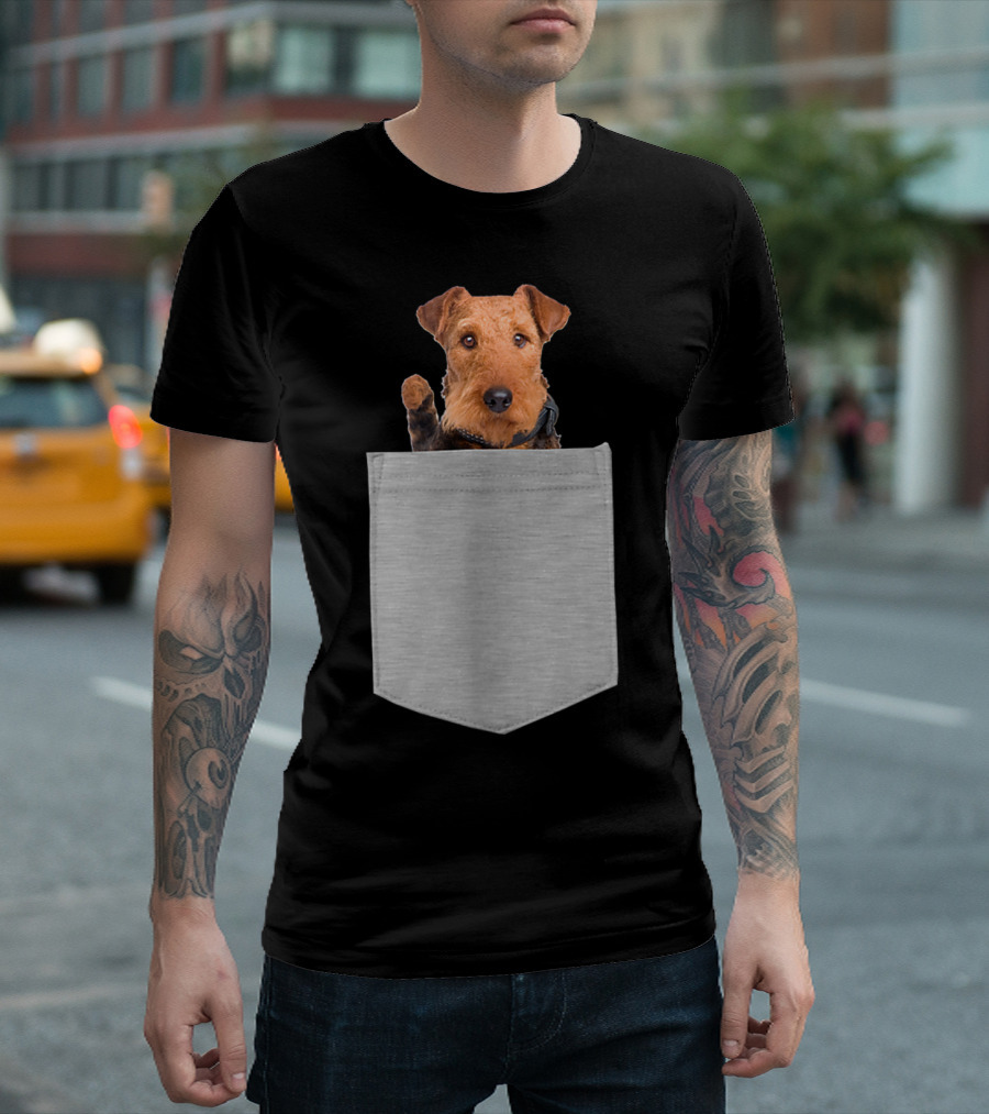 Airedale Terrier Dog Peeking From Pocket T-Shirt