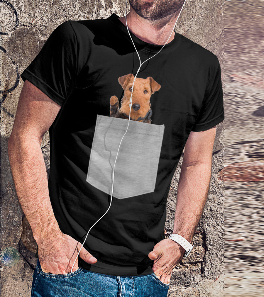 Airedale Terrier Dog Peeking From Pocket T-Shirt