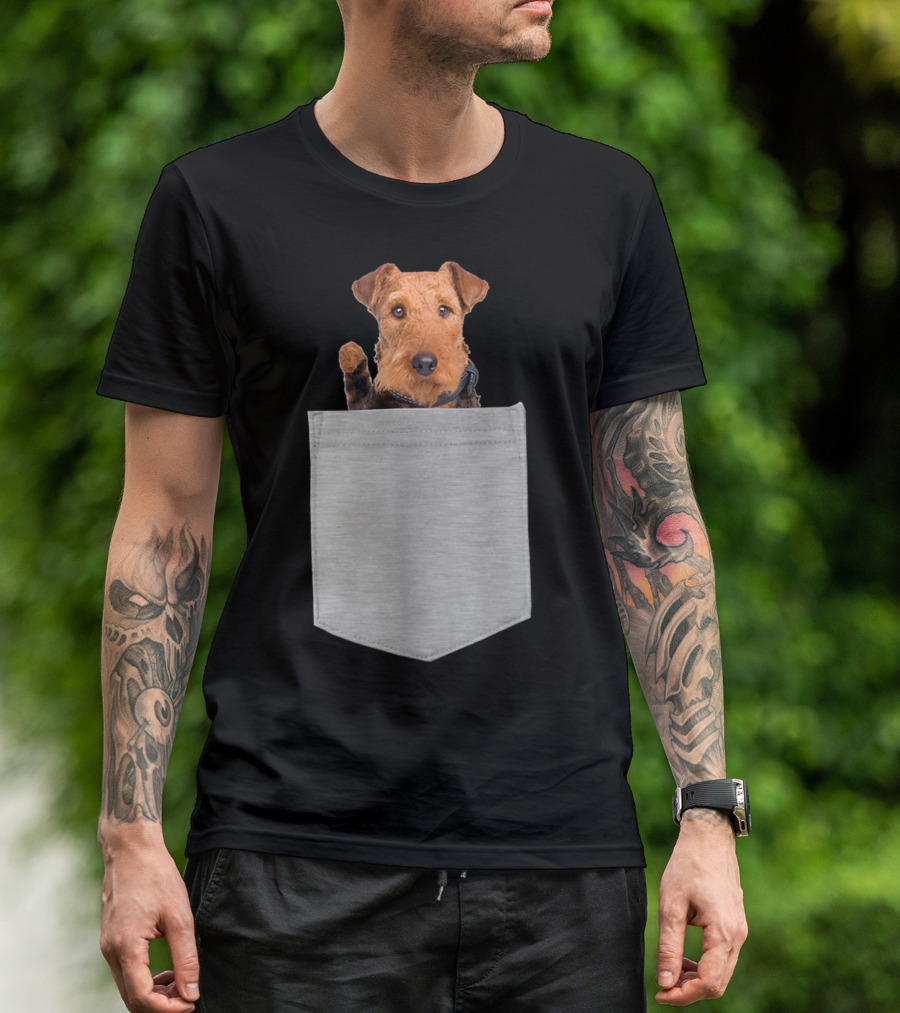 Airedale Terrier Dog Peeking From Pocket T-Shirt