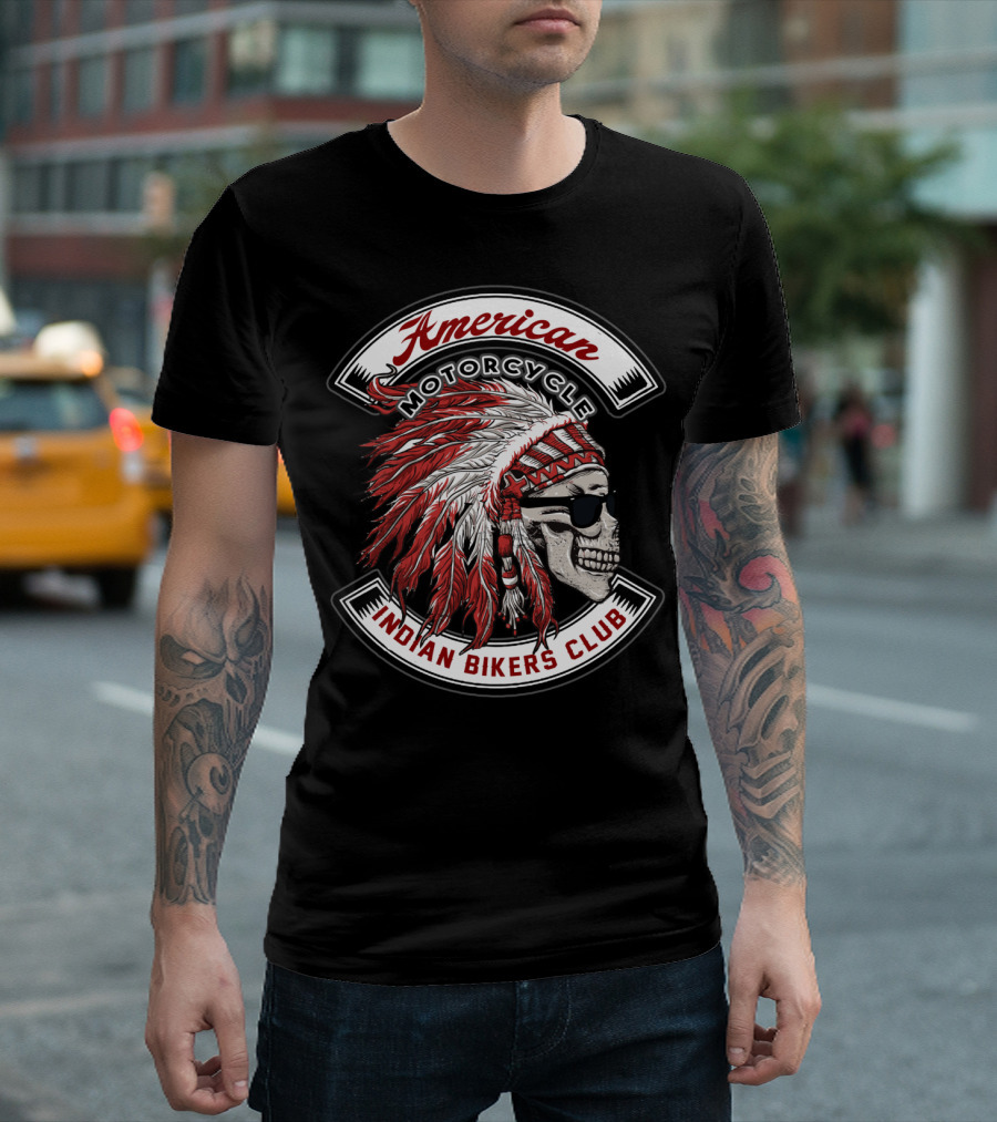 American Motorcycle Skull with Headdress Indian Bikers Club T-Shirt