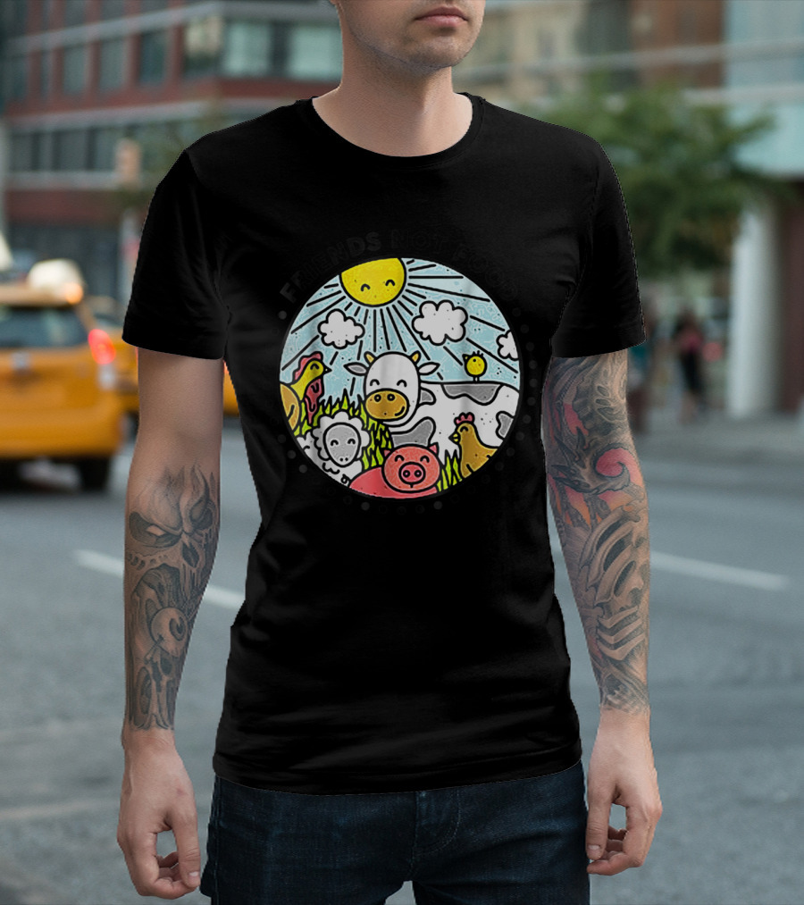 Animals Are Friends Not Food Vegan Vegetarian Cow Pig Chicken Sun Clouds T-Shirt