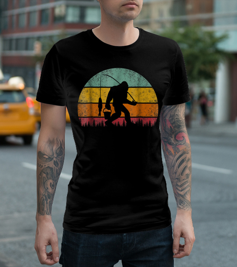 Bigfoot Fishing Under Vibrant Sunset Forest T-Shirt