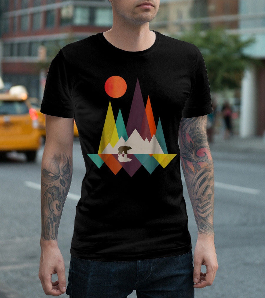 Geometric Mountain Sunset With Bear T-Shirt