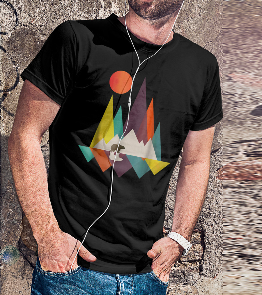 Geometric Mountain Sunset With Bear T-Shirt