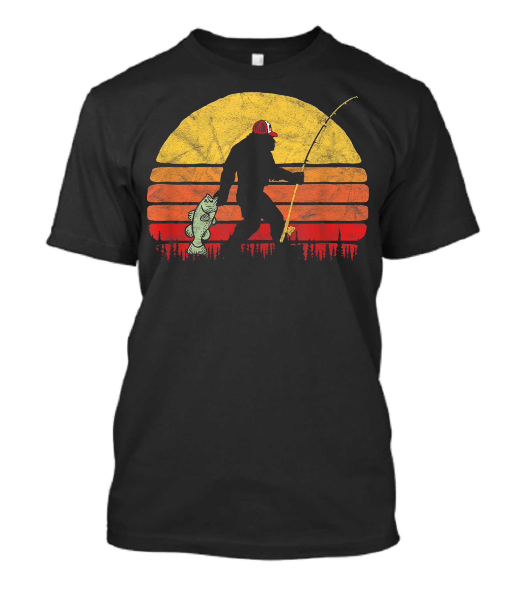 Bass Fishing Bigfoot Silhouette In Trucker Hat With Sunset Background T-Shirt