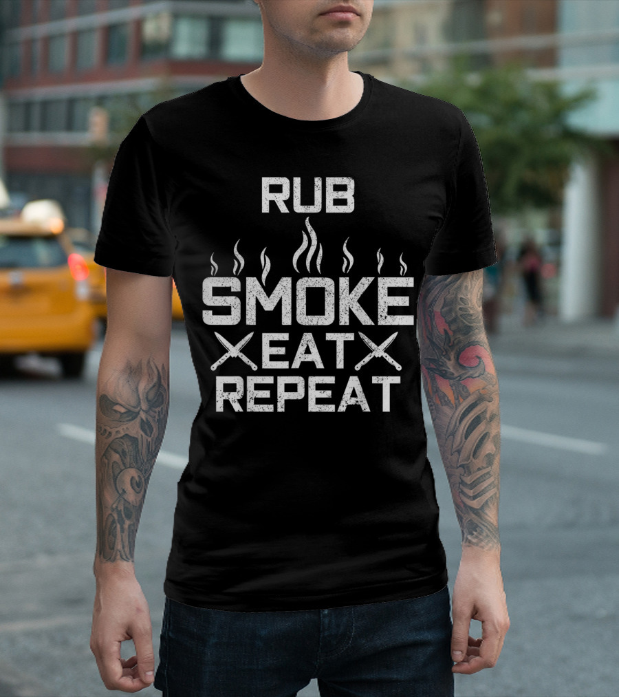 Rub Smoke Eat Repeat BBQ Chef Text with Knives and Smoke T-Shirt