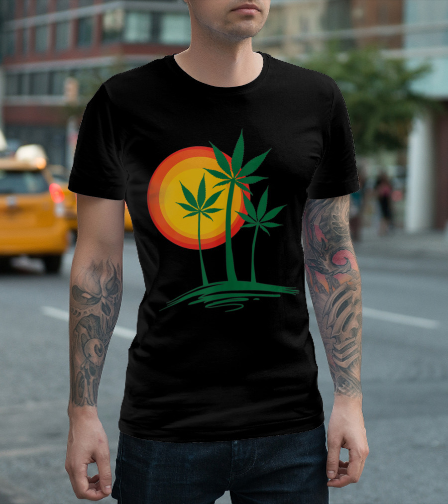 Beautiful Marijuana Weed Palm Tree Sunset Paradise T-Shirt