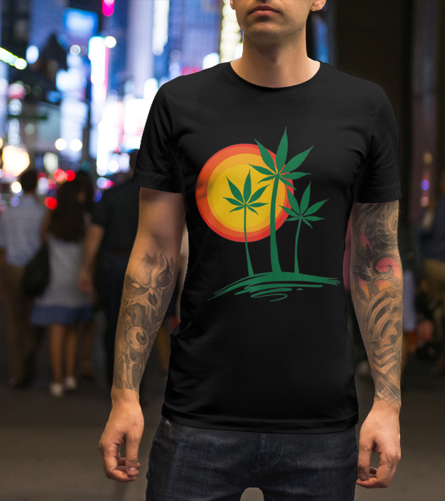 Beautiful Marijuana Weed Palm Tree Sunset Paradise T-Shirt