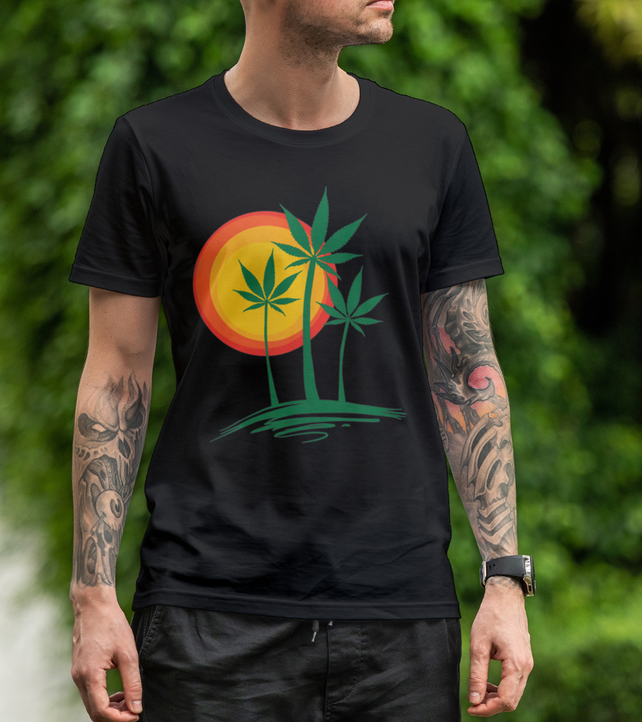 Beautiful Marijuana Weed Palm Tree Sunset Paradise T-Shirt