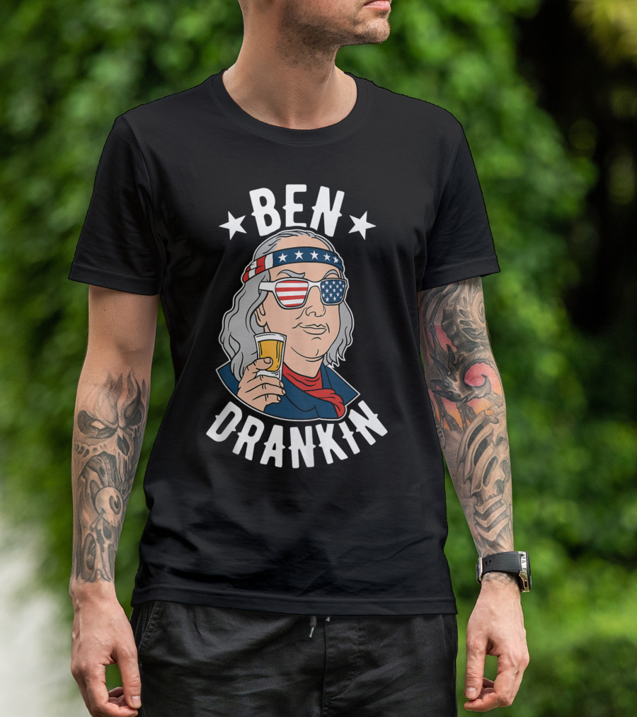 Ben Drankin 4Th Of July Funny Benjamin Franklin With Beer And American Flag Style Glasses T-Shirt