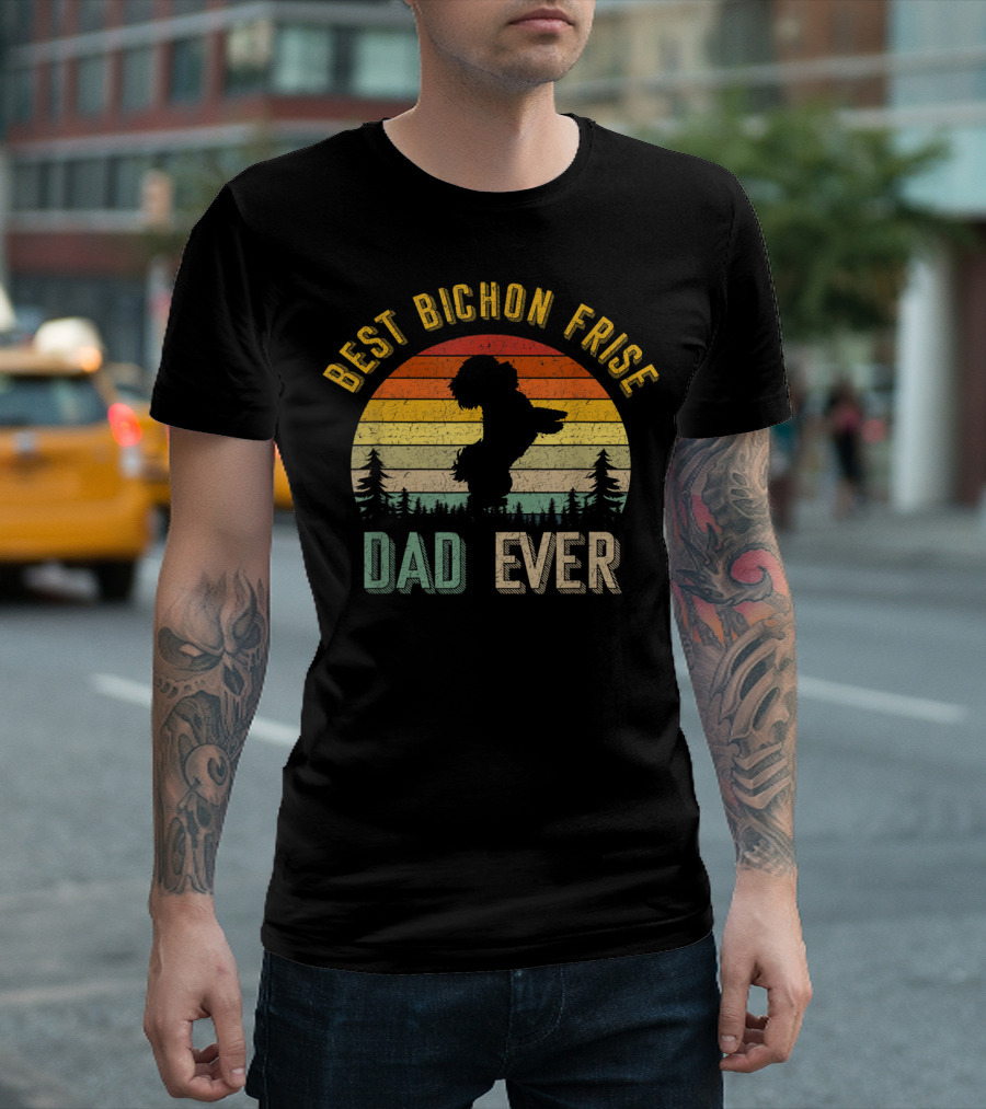 Best Bichon Frise Dad Ever Vintage 70s Sunset T-Shirt