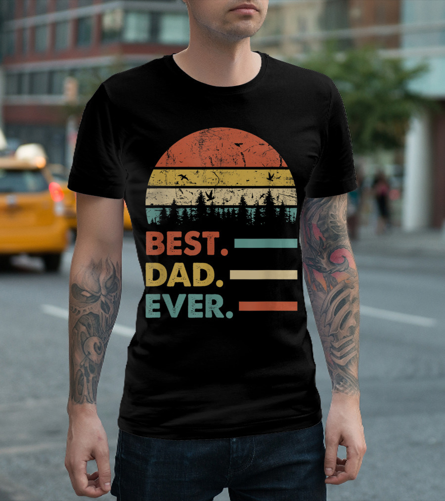 Best Dad Ever Papa Vintage Daddy Retro Sunset Forest T-Shirt