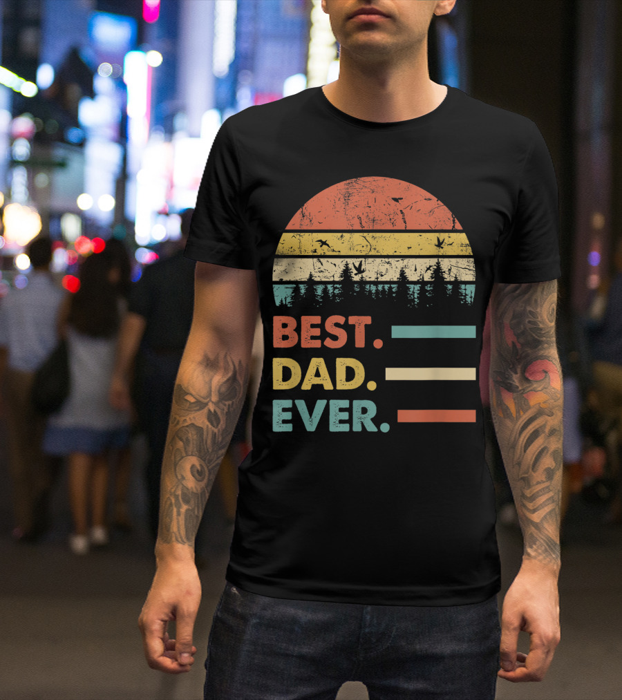 Best Dad Ever Papa Vintage Daddy Retro Sunset Forest T-Shirt