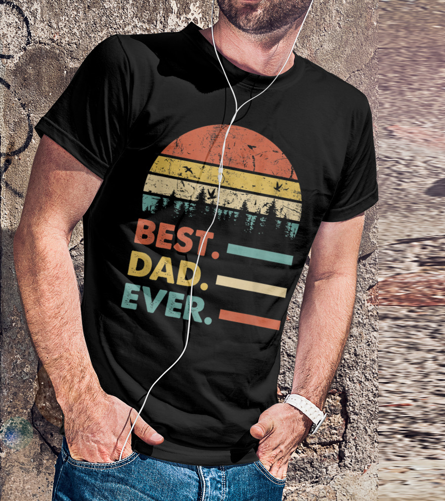 Best Dad Ever Papa Vintage Daddy Retro Sunset Forest T-Shirt