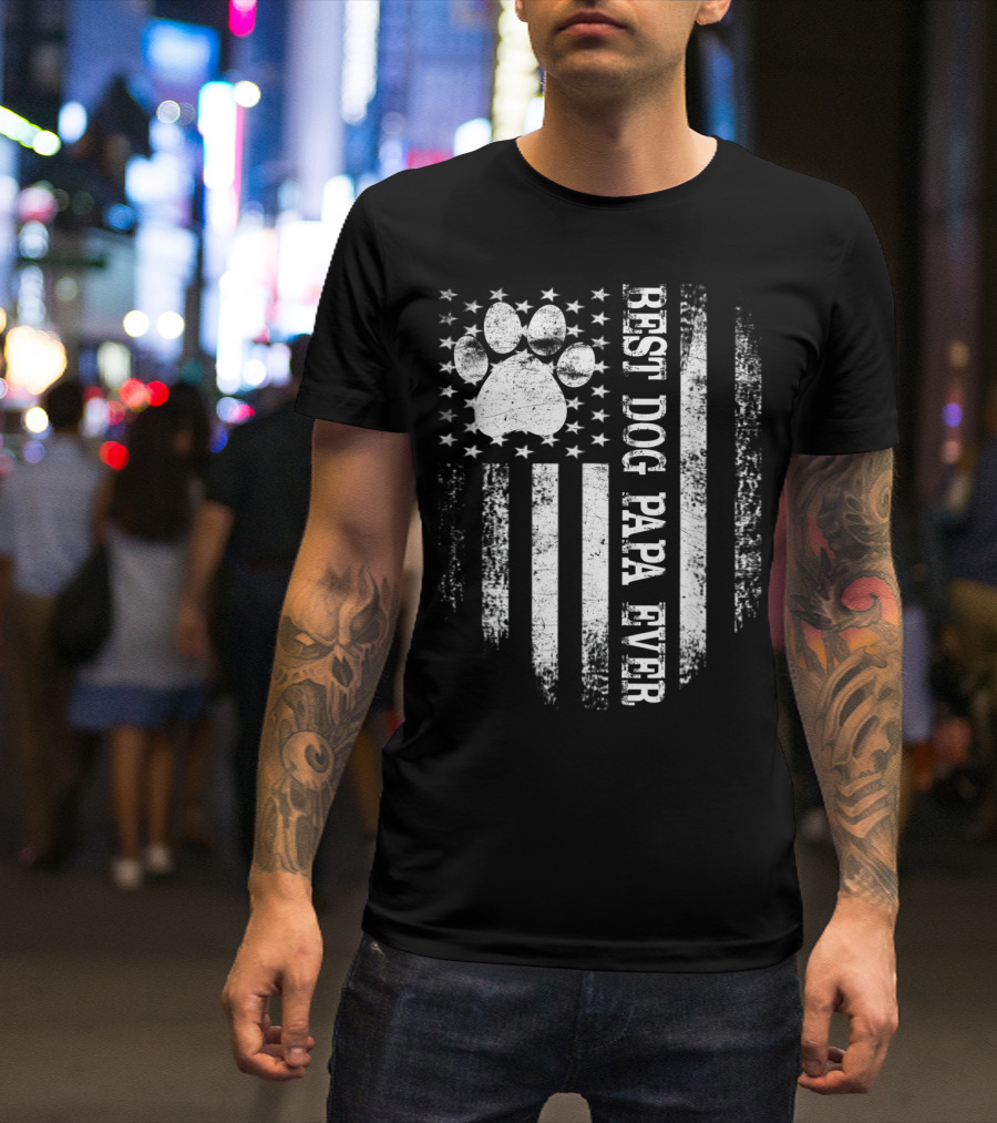 Best Dog Papa Ever American Flag Pawprint Stars Stripes T-Shirt