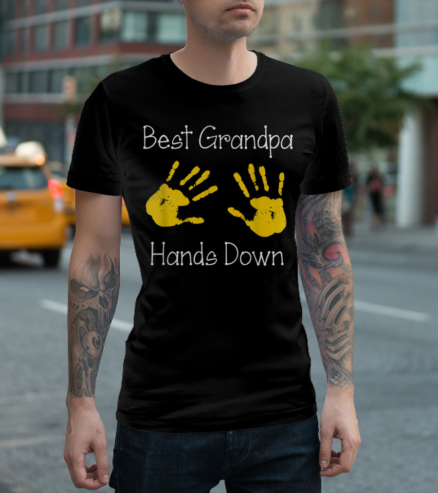 Best Grandpa Hands Down Yellow Handprints T-Shirt