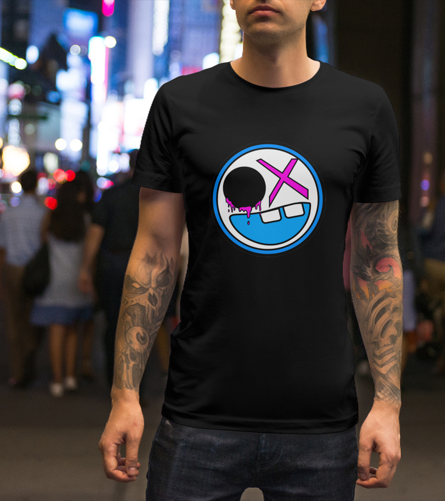 8Sided Smile Emoticon With Dripping Black Circle And Pink X Eyes T-Shirt