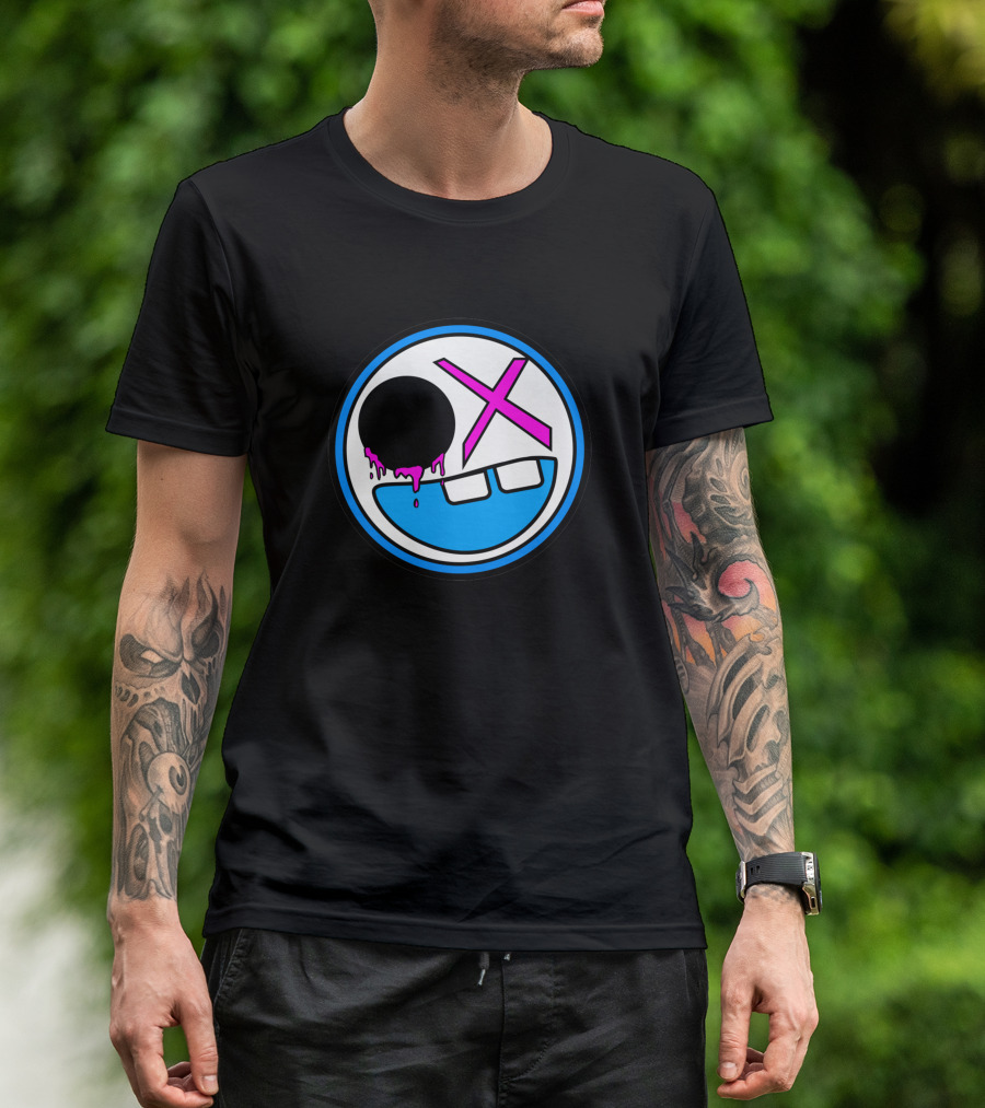 8Sided Smile Emoticon With Dripping Black Circle And Pink X Eyes T-Shirt