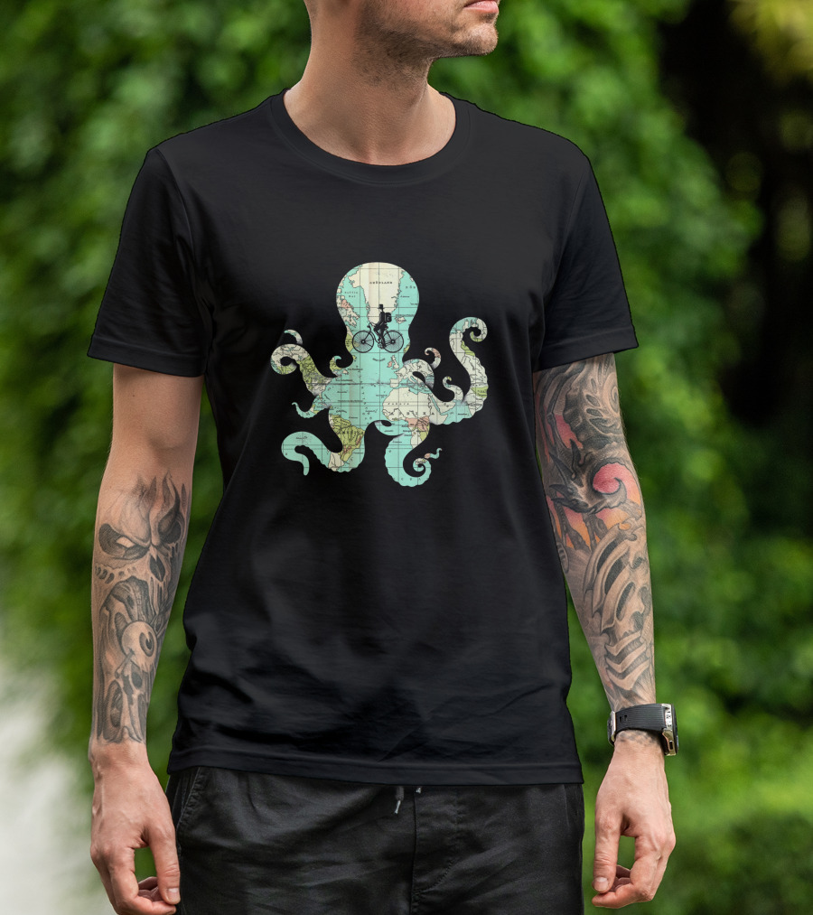 All Around The World Map Octopus Bicycle Ocean Adventure 1740365 T-Shirt