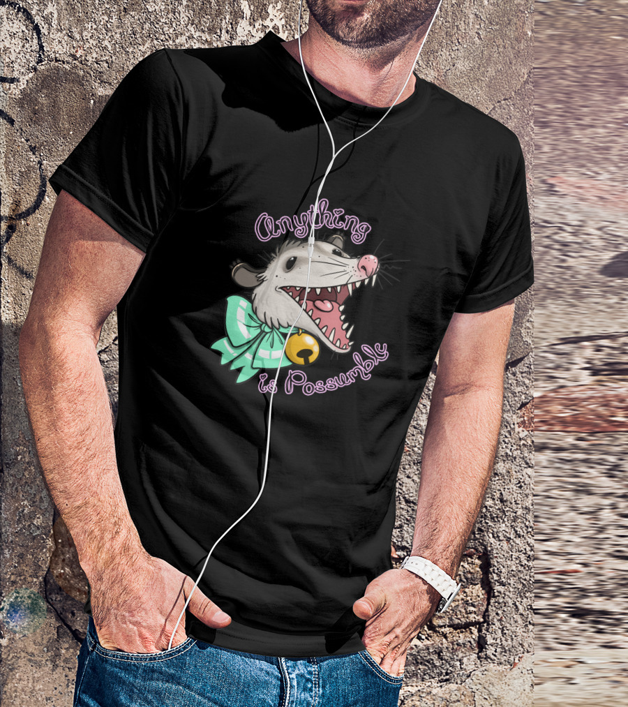 Anything Is Possumble Cute Cartoon Opossum With Bow And Bell T-Shirt