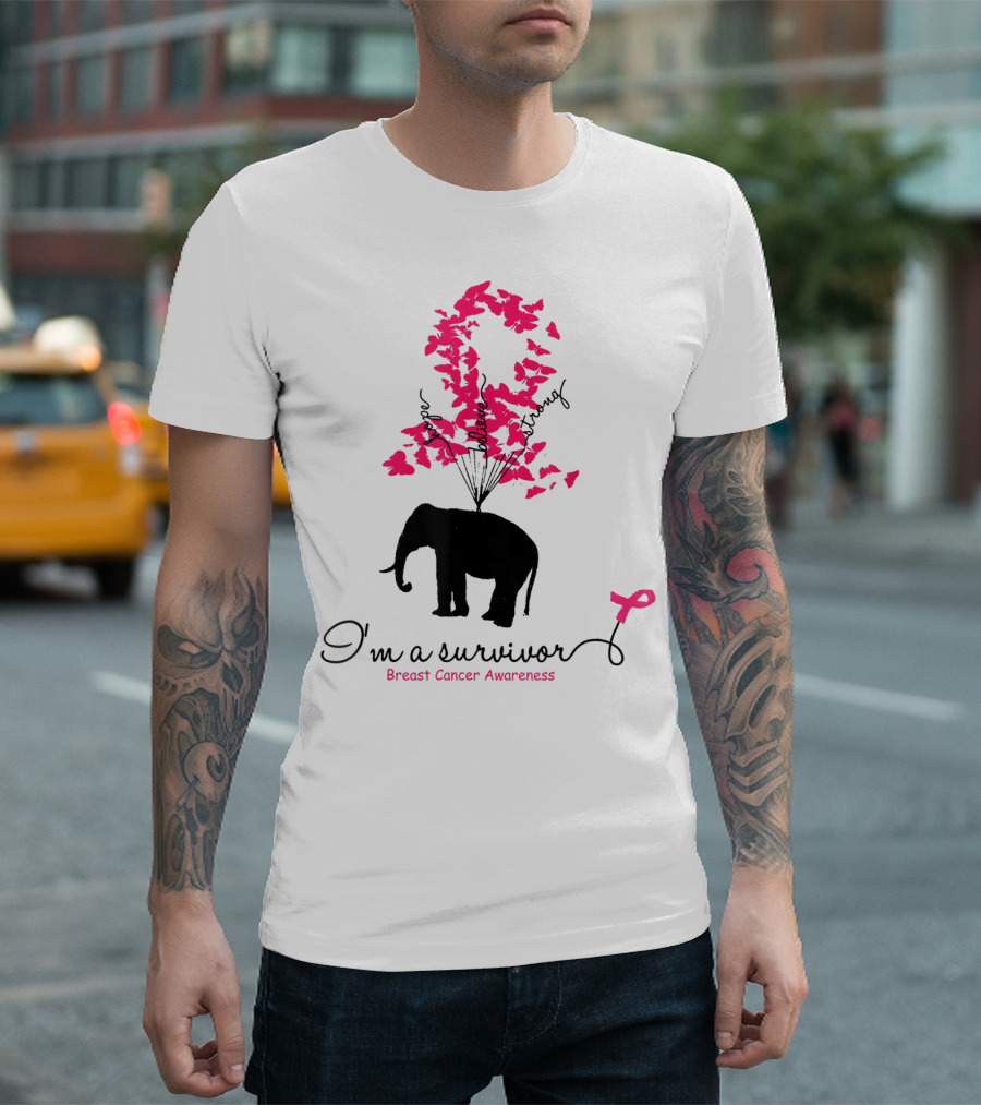I'm A Survivor Pink Butterfly Elephant Breast Cancer Awareness T-Shirt