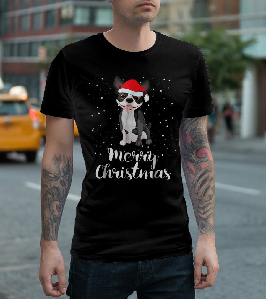 Merry Christmas Boston Terrier Santa Hat Matching Family Group T-Shirt