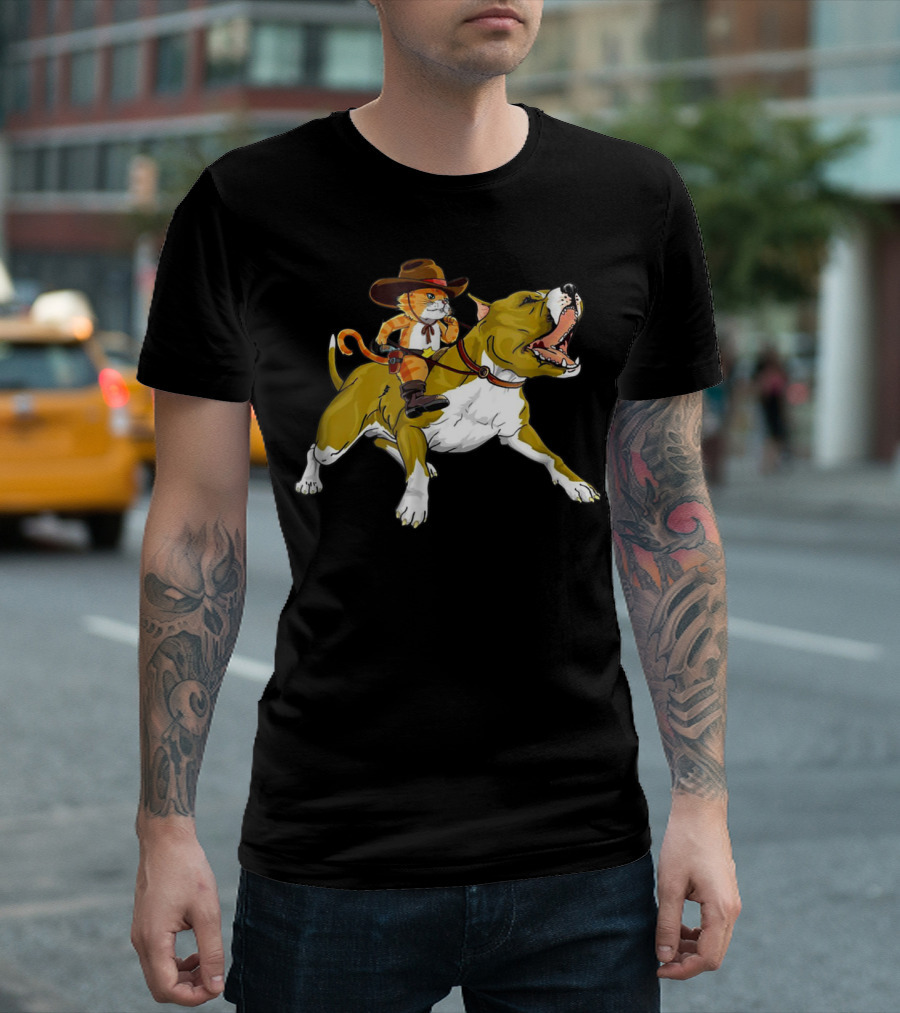 Cat Riding Pitbull Funny Kitty Kitten Cowboy Hat Gif16 T-Shirt